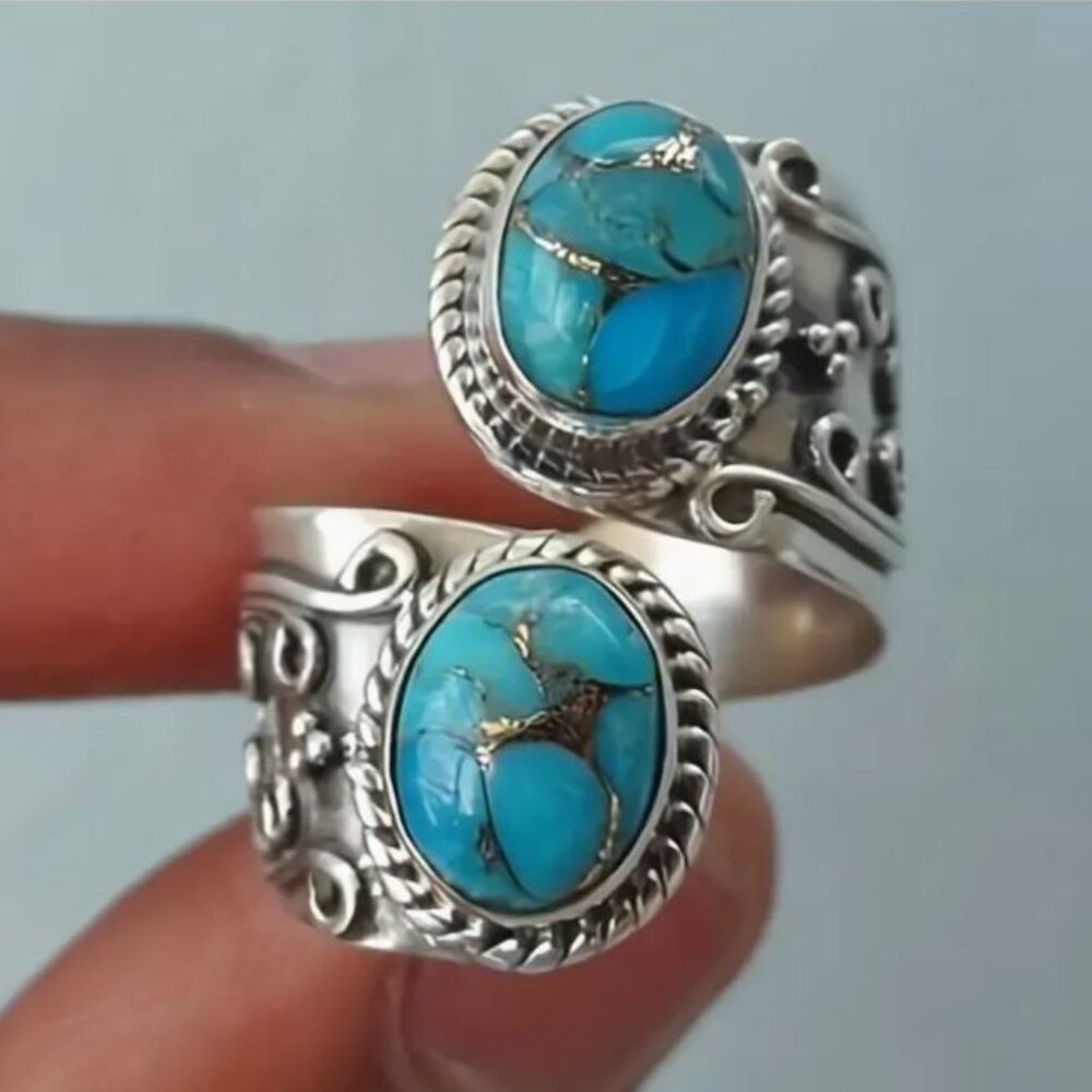 NEW Vintage Style Silver Plated Turquoise Blue Stone Spoon Ring OS Adjustable